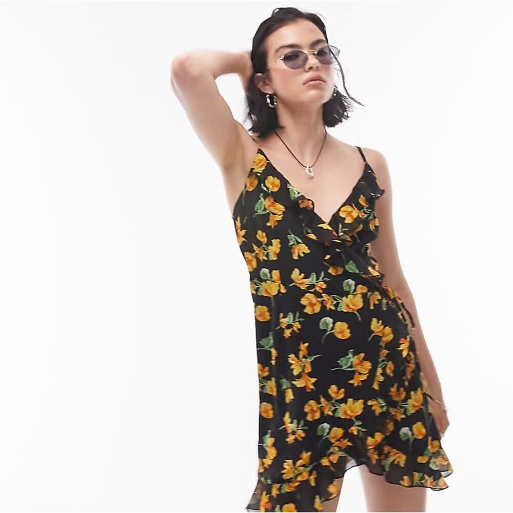 Topshop Floral Wrap Strappy Mini Dress Black Floral